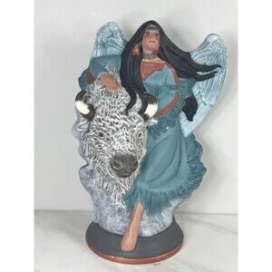 Ceramic Native American Winged Woman Holding Buffalo 10.5''